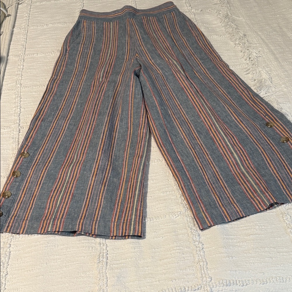 Madewell Wide Leg Striped Crop Pants in Denim Blue with Rust and Cream Stripes